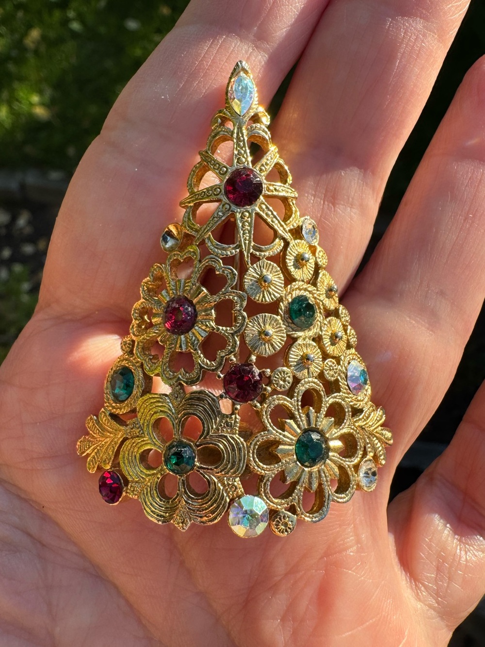 Vintage MYLU Gold-Tone Floral Christmas Tree Brooch